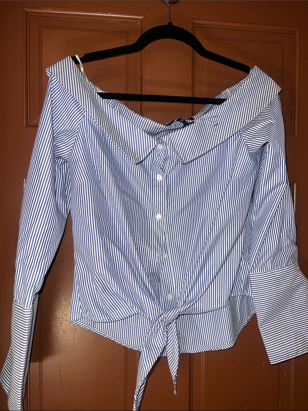 Romeo & Juliet Couture Blue and White Stripe Off-Shoulder Tie-Front Blouse